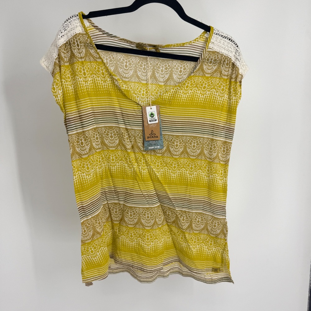 prAna Illana Top XL Citronette Yellow Medallion Stripe Cotton Silk Crochet Lace